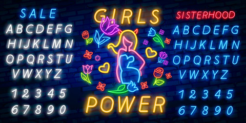 Wall Mural - Rock print and slogan vector. Girl Power For T-shirt or other purposes. Symbol of feminism for printing in a neon style. Neon sign Retro style. Womens fashion slogan
