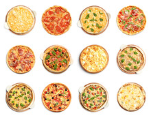 Set Of Different Hot Pizzas With Delicious Melted Cheese On White Background, Top View