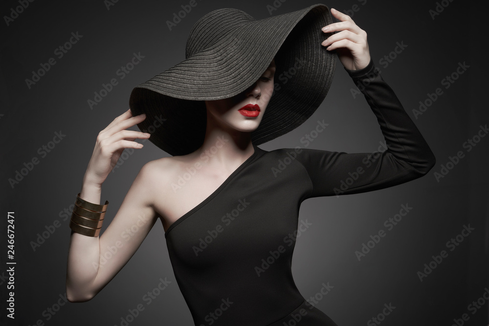 portrait of young lady with black hat and evening dress Stock Photo ...