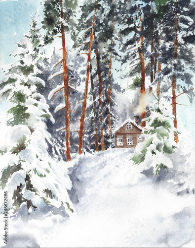 Winter Forest Cabin In The Woods Snow Landscape Watercolor
