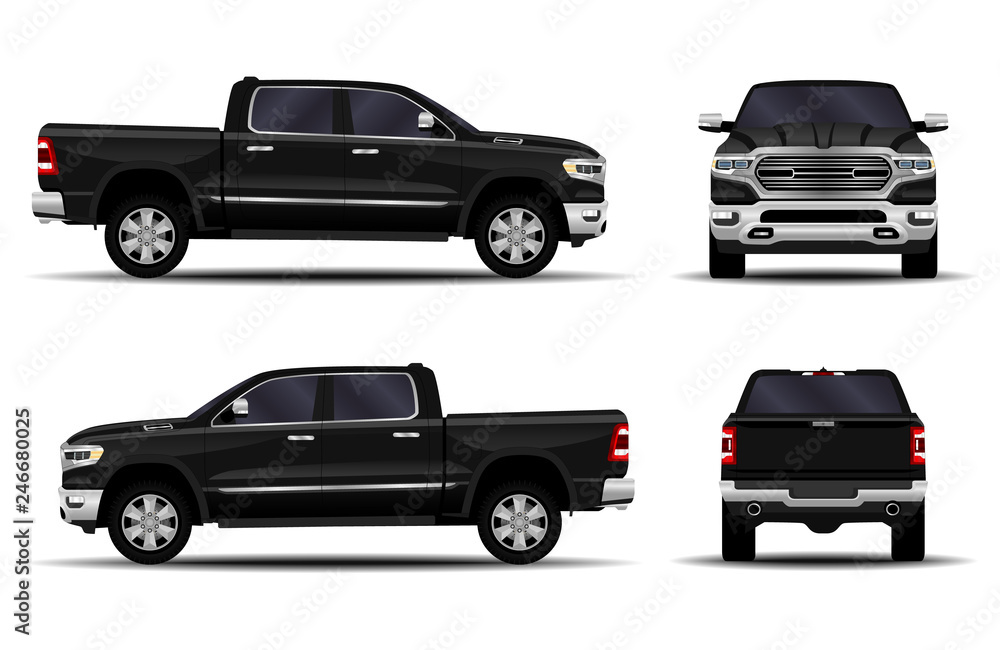 realistic car. truck, pickup. front view; side view; back view. - obrazy, fototapety, plakaty 