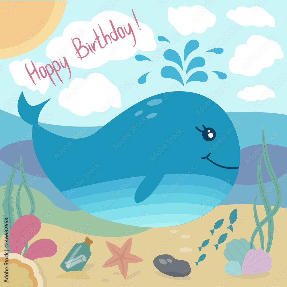 Happy birthday greeting card with cute whale and sea life and sommer ...