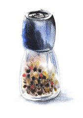 Wall Mural - Sketch glass pepper grinder with pepper. Watercolor illustration drawn by hands on wet paper.