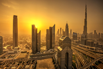 Wall Mural - Dubai sunset panoramic view of downtown.