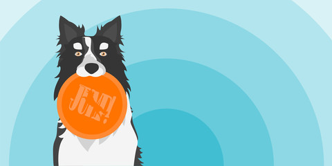 Vector Illustration of Dog holding a Toy. Border Collie with Disc.