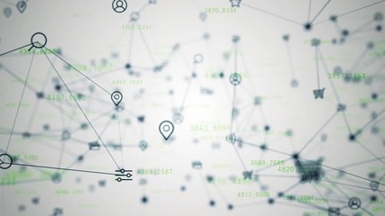 Background of randomly moving network and internet related things. Online shopping, social networks, connections, global connections. Seamless loop 4k animation