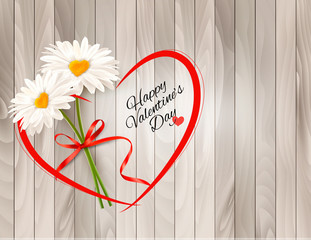 Fototapete - Valentine's Day background Two daisies with heart shaped middles on wooden background. Vector.
