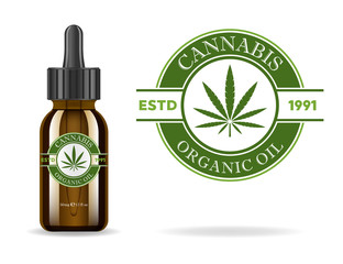 Wall Mural - Marijuana, cannabis, hemp oil. Realistic brown glass bottle with cannabis extract. Icon product label and logo graphic template. Isolated vector illustration.