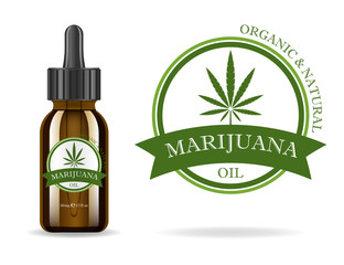 Wall Mural - Marijuana, cannabis, hemp oil. Realistic brown glass bottle with cannabis extract. Icon product label and logo graphic template. Isolated vector illustration.