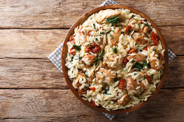 Wall Mural - Italian pasta orzo with grilled chicken, dried tomatoes, spinach and cheese close-up. horizontal top view