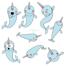 SET Of Cute Baby Narwhal Or Whale Unicorn Characters