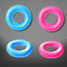 Blue And Pink Inflatable Rings Top, Front View 3d Realistic Vector Icons Set Isolated On Transparent Background. Water Park Swimming Pool Toy Illustration. Summer Beach Leisure Concept Design Elements