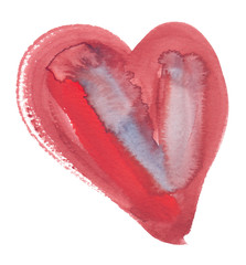 Big abstract red heart painted in watercolor on clean white background