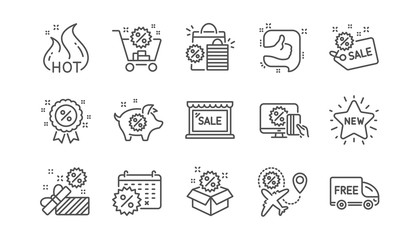 Discount line icons. Shopping, Sale and New. Hot offer linear icon set.  Vector