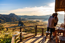 Phayao, Thailand - January 3, 2019: Tourist Visit On A View Of The Mountains When Sunrise At The Coffee Shop, Which Gives A Romantic Feeling In Love At The Phu Lanka Viewpoint.
