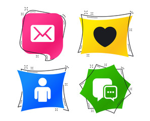 Wall Mural - Social media icons. Chat speech bubble and Mail messages symbols. Love heart sign. Human person profile. Geometric colorful tags. Banners with flat icons. Trendy design. Vector