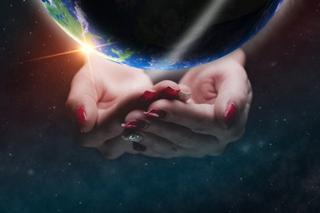 Poster - Protect our world in woman hands and nebula dust. Mixed media.