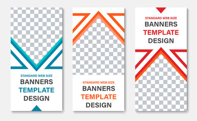 Wall Mural - set of vector vertical white web banners with place for photo and color triangles.