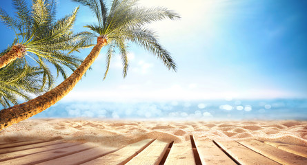 Wall Mural - summer panoramic landscape, nature of tropical beach with wooden platform, sunlight. golden sand bea
