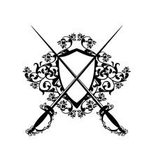 Elegant Heraldic Shield With Crossed Epee Swords And Rose Flowers - Black And White Vector Fencing Emblem