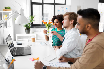 Wall Mural - business, online communication and technology concept - happy creative team having video conference 