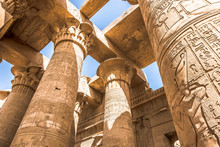 Pillars At The Temple Of Kom Ombo, Decorated With Hieroglyphics