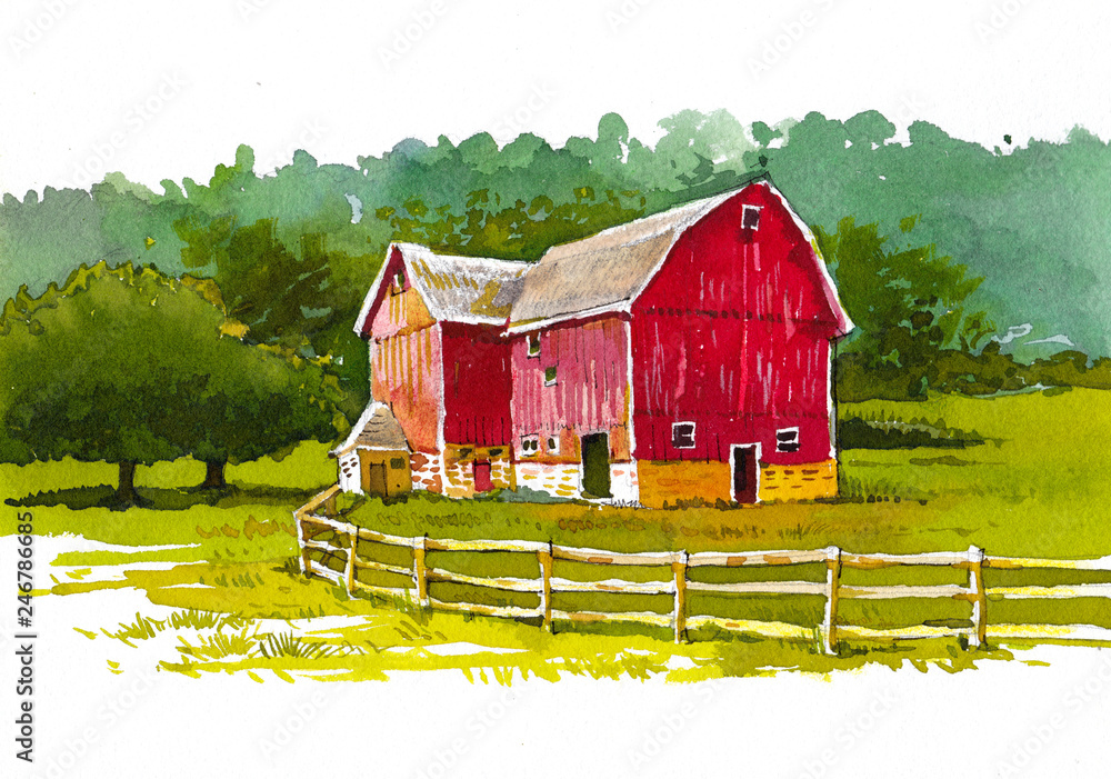 old barn cottage watercolor painting Stock Illustration | Adobe Stock