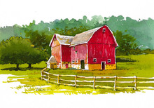 Old Barn Cottage Watercolor Painting