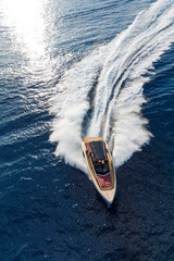 Wall Mural - luxury motor boat, aerial view 