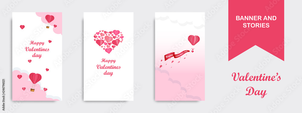 Valentines Day Vertical Banner Template in paper cut out style in white, red and pink color. Suitable for roll banner, flyer, brochure, story or stories on social media background - obrazy, fototapety, plakaty 