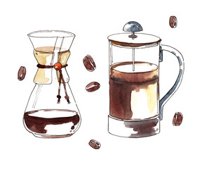 Wall Mural - Watercolor hand-painted coffee kemex and french press illustration set on white background