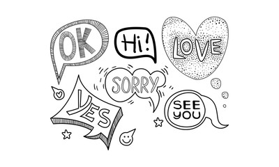 Poster - Vector set of hand drawn speech bubbles of different shapes. Dialog clouds with text - Ok, Yes, See you, Sorry