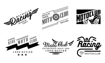 Poster - Vector set of 6 vintage logos for moto club. Original monochrome badges with wings and wheels