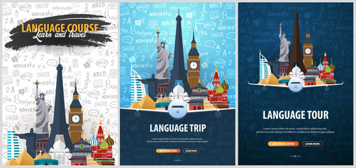 Language trip, tour, travel. Learning Languages. Vector illustration with hand-draw doodle elements on the background.