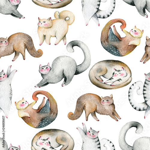 seamless-pattern-with-cute-cats-set-isolated-on-white-background-watercolor-illustration