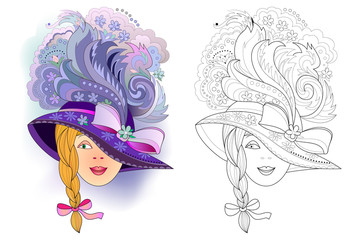 Wall Mural - Fantasy portrait of beautiful girl with fashionable hat. Poster for headdress show. Colorful and black and white page for coloring book. Worksheet for children and adults. Vector cartoon image.