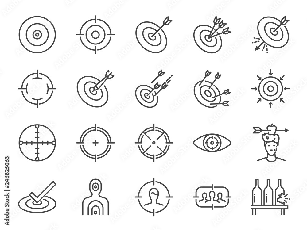 Target line icon set. Included icons as aim, goal, crosshair,  shoot, shooting and more. - obrazy, fototapety, plakaty 