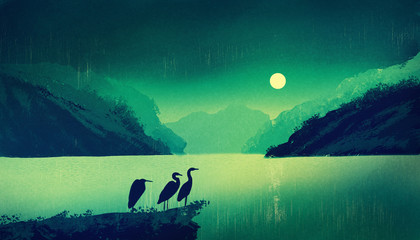 Fototapeta An American egret stands on a river bank at night. The moon is shining. Illustration painting