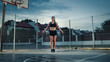 Beautiful Energetic Fitness Girl Skipping/Jumping Rope. She is Doing a Workout in a Fenced Outdoor Basketball Court. Evening Shot After Rain in a Residential Neighborhood Area.