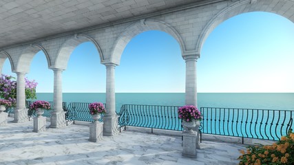 Roman 3D render sea view anceint style classic balcony luxury terrace