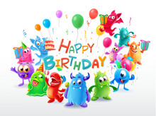 Happy Birthday Illustration With Cute Monster