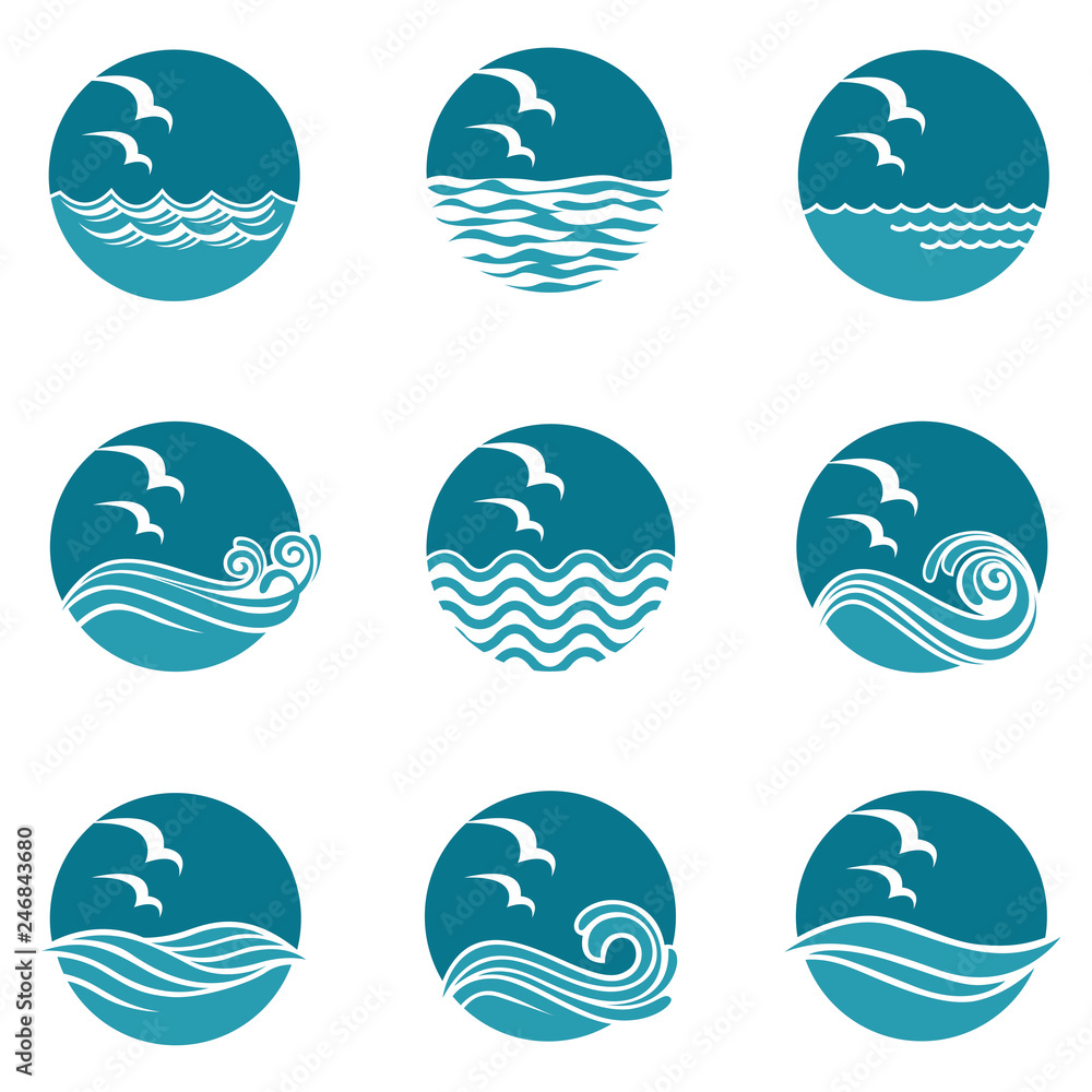 collection of ocean icons with waves and seagulls Stock Vector | Adobe ...