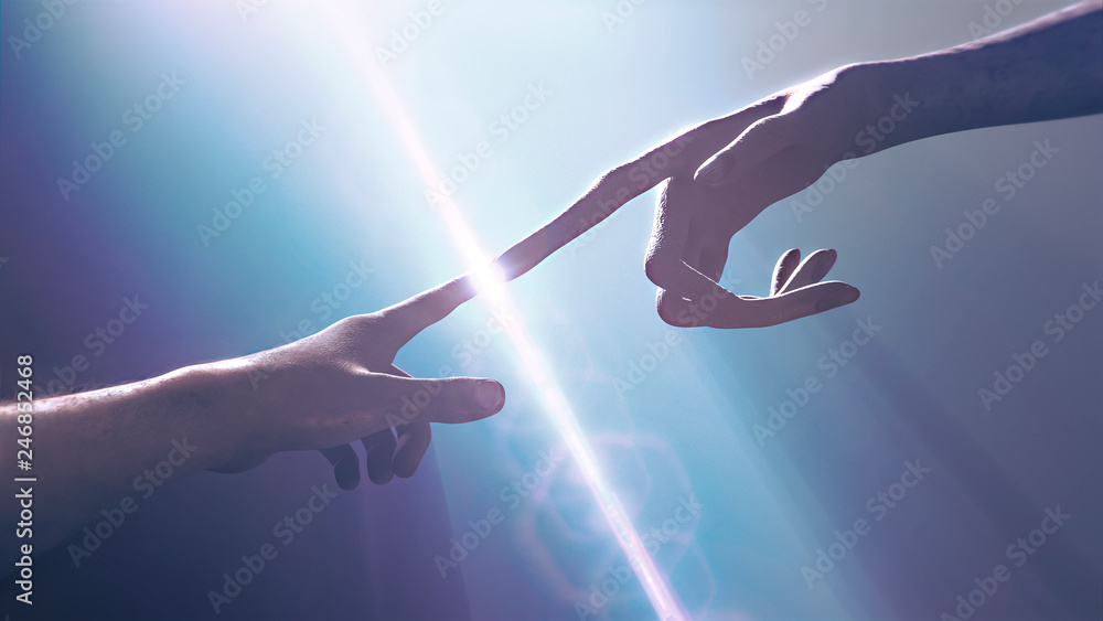 Extraterrestrial hand contact human hand - alien first contact  - artistic representation - 3d rendering  - obrazy, fototapety, plakaty 