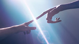 Extraterrestrial hand contact human hand - alien first contact  - artistic representation - 3d rendering 