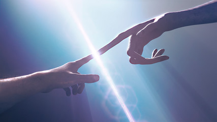 extraterrestrial hand contact human hand - alien first contact - artistic representation - 3d render