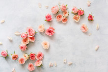 Roses On Textured Background. Various Pink Roses Buds And Petals  Scattered On Rustic Background, Overhead View, Copy Space