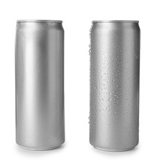 Poster - Aluminum cans with beverage on white background. Space for design