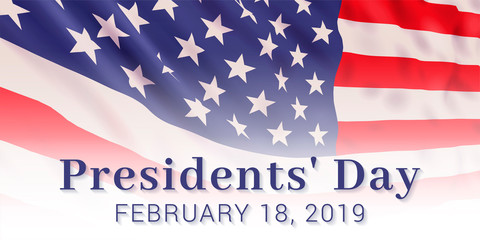 Vector banner design template for Presidents' Day with realistic american flag and text.