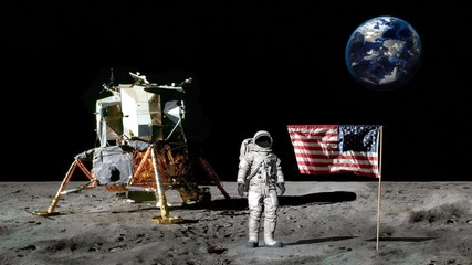 Wall Mural - astronaut walking on the moon and saluting the american flag.. cg animation. some elements of this v