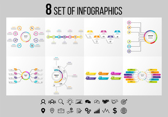 Set Of 8 Infographics Elements Vector Design Template. Business Data Visualization Infographics Timeline with Marketing Icons most useful can be used for workflow, presentation, diagrams, reports